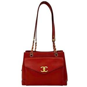 CHANEL Red Caviar Leather Logo Shoulder Bag